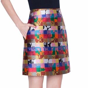 Akris Punto Floral Square Jacquard Print A Line Skirt Rainbow Checked Grid 6